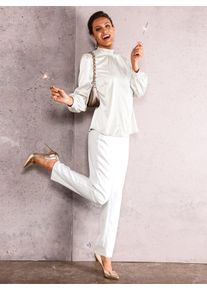 Dames Satijnen blouse met rimpeling op de opstaande kraag in ecru ,maat 36, WITT, 97% Polyester, 3% Elastan