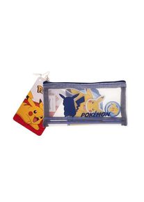 Euromic POKÉMON Filled MESH pencil pouch w/stationery articles: 2 triangular pencils 1 round sharpener 1 shaped eraser 1 shaped memo pad. Size of pencil pouch L 20 cm H 9.5 cm