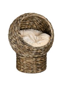 PawHut Woven Banana Leaf Elevated Cat Bed Wicker Kitten Basket Pet Den. House Cozy Cave with Soft Cushion Dome 42x33x52cm Dark Brown | Aosom Ireland