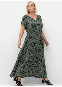 sheego Damen Maxikleid mit Blumendruck und gesmokter Taille in schwarz-grün ,Größe 46, Witt, 100% Viskose