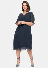 sheego Dames Chiffonjurk met siersteentjes bij de hals in nachtblauw ,maat 46, Witt, 100% Polyester