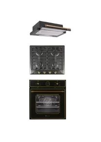 Pachet incorporabil cuptor electric ,plita gaz si hota telescopica Studio Casa Toscana Retro Black Rustic, Clasa A, Gratare fonta, Negru