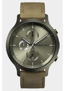 Men's Chronograph Watch - Green - Surgical Steel Case, Sapphire Glass, Khaki Leather Strap - Date Display - 42mm , Quartz Movement by Ronda -