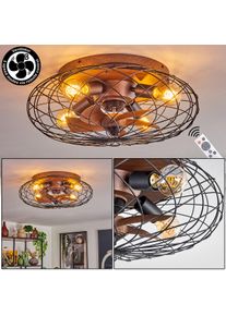 hofstein Ceiling fan light Wemude with remote control, round wire cage, Retro design Metal shade in black, brown fan blades, &oslash; 30 cm, E27, 4-light