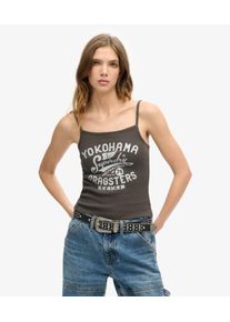 Superdry Damen Geripptes Retro Rocker Trägertop mit Grafik Dunkelgrau - Größe: 6-8