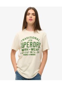 Superdry Damen Creme und Gr&uuml;n Machined Goods Oversized Workwear T-Shirt, Gr&ouml;&szlig;e: L