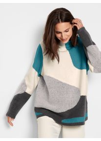 Damen Oversize-Pullover mit Intarsien-Muster in champagner-aquapetrol-gemustert ,Gr&ouml;&szlig;e 52, WITT, 50% Viskose, 28% Polyester, 22% Polyamid