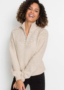Sweter ze stójką w ażurowy wzór, beżowy, 48/50, bonprix