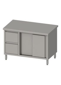 Arbeitsschrank mit Schiebet&uuml;ren, 1300x700x850 mm, mit 2er Schubladenblock links, ohne Aufkantung, verschwei&szlig;t