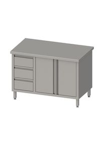 Arbeitsschrank mit Fl&uuml;gelt&uuml;ren 2000x700x850 mm, mit 3er Schubladenblock links, ohne Aufkantung, verschwei&szlig;t