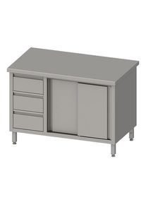 Arbeitsschrank mit Schiebet&uuml;ren 2000x600x850 mm, mit 3er Schubladenblock links, ohne Aufkantung, verschwei&szlig;t