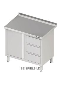 Arbeitsschrank mit Fl&uuml;gelt&uuml;r, 1000x600x850 mm, mit 3er Schubladenblock links, ohne Aufkantung, verschwei&szlig;t