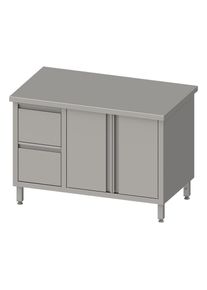 Arbeitsschrank mit Fl&uuml;gelt&uuml;ren, 1300x600x850 mm, mit 2er Schubladenblock links, ohne Aufkantung, verschwei&szlig;t