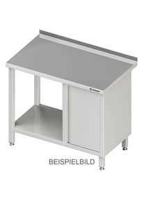 Arbeitstisch mit Grundboden, 1300x600x850 mm, mit Flügeltürschrank rechts, ohne Aufkantung, verschweißt
