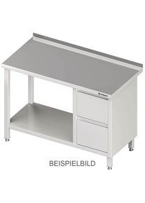 Arbeitstisch mit Grundboden, 1300x600x850 mm, mit 2er Schubladenblock links, ohne Aufkantung, verschweißt