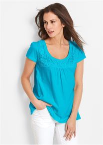 Katoenen shirt met kant korte mouw - blauw - maat 56/58 (3XL) - 100% katoen - bonprix
