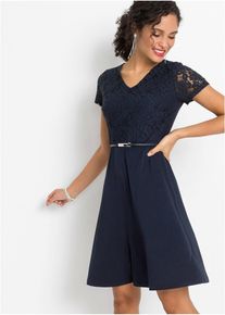 Minikleid mit Spitze und Gürtel, blau, Größe 48, bonprix