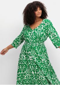 sheego by Joe Browns Damen Maxikleid mit Alloverprint und gesmokter Taille in grün-offwhite ,Größe 42, Witt, 100% Viskose
