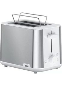 Braun HT1510WH Toaster, 900 W, 2 Schlitz, Brötchenaufsatz, Krümelschublade, Stopptaste, Edelstahl/weiß