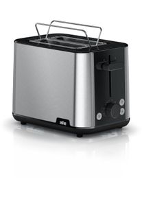Braun HT1510BK Toaster, 900 W, 2 Schlitz, Brötchenaufsatz, Krümelschublade, Stopptaste, Edelstahl/schwarz