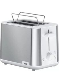 Braun HT1510WH Toaster, 900 W, 2 Schlitz, Brötchenaufsatz, Krümelschublade, Stopptaste, Edelstahl/weiß