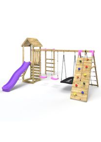 REBO Wooden Climbing Frame with Swings, Slide, Up & over Climbing wall and Monkey Bars - Pyrennes Pink