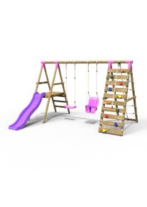 REBO Wooden Swing Set with Deck and Slide plus Up and Over Climbing Wall - Moonstone