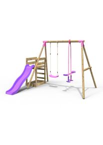 REBO Wooden Swing Set plus Deck & Slide - Star Pink