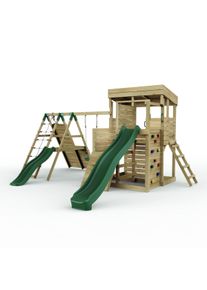 REBO 2 Tier XL Lookout Tower Playhouse with Single Swing and Climbing Wall plus Slides