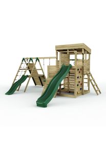 REBO 2 Tier XL Lookout Tower Playhouse with Single Swing and Monkey Bars plus Climbing Wall and Slides