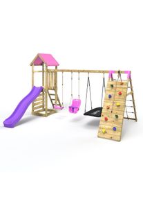 REBO Challenge Wooden Climbing Frame with Swings, Slide and Up & over Climbing wall - Sanford Pink