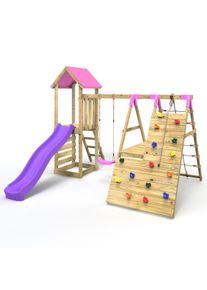 REBO Wooden Climbing Frame with Swings, 6+8FT Slides & Climbing Wall - Alverstone Pink