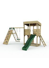 REBO XL Lookout Tower Playhouse with Single Swing and Climbing Wall plus Slide