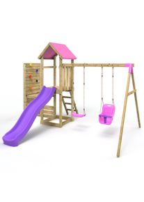 REBO Wooden Climbing Frame with Vertical Rock Wall, Swing Set and Slide - Rainier+ Pink