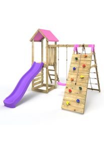 REBO Challenge Wooden Climbing Frame with Swings, Slide and Up & over Climbing wall - Bear Pink