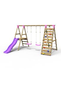 REBO Wooden Swing Set with Deck, Slide & Climbing Wall - Jade Pink