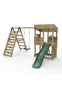 REBO Lookout Tower Playhouse with Swing and Climbing Wall plus 6ft Slide - Crest