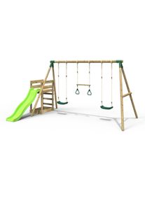 REBO Wooden Swing Set plus Deck & Slide - Comet Green