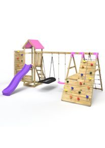 REBO Wooden Climbing Frame with Vertical Rock Wall, Swing Set and Slide - San Luis+ Pink