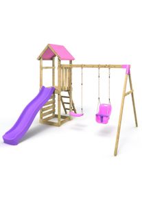 REBO Adventure Wooden Climbing Frame, Swing Set and Slide - Rainier Pink