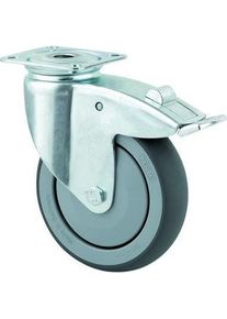 tente, Möbelrollen, Drejeligt hjul med bremse, gummi, Ø100 mm, 100 kg, DIN-kugleleje, med plade
