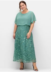 sheego Dames Avondjurk van mesh, met geborduurde rok in rookgroen ,maat 52, Witt, 100% Polyester. Kant: 100% Polyester