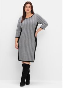 Strickkleid sheego "Strickkleid", Damen, Gr. 44, Normalgr&ouml;&szlig;en, schwarz-wei&szlig; (schwarz, wei&szlig;), 50% Viskose, 26% Polyamid, 24% Polyester, gemustert, knielang, Rundhals, Kleider Strickkleid