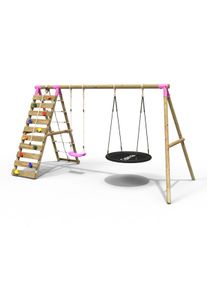 REBO Wooden Swing Set with Up and Over Climbing Wall - Vale Pink