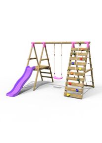REBO Wooden Swing Set with Deck, Slide & Climbing Wall - Amber Pink