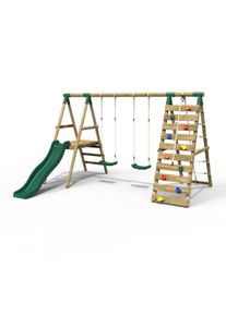 REBO Wooden Swing Set with Deck, Slide & Climbing Wall - Jade Green