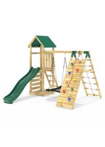REBO Challenge Wooden Climbing Frame with Swings, Slide and Up & over Climbing wall - Ferris