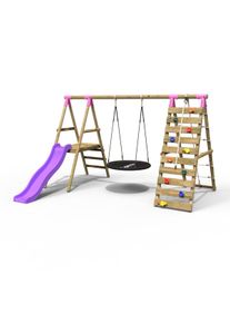 REBO Wooden Swing Set with Deck and Slide plus Up and Over Climbing Wall - Pyrite Pink