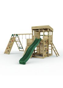 REBO 2 Tier XL Lookout Tower Playhouse with Double Swing and Monkey Bars plus Climbing Wall and Slide