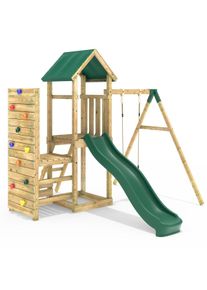 REBO Wooden Climbing Frame with Vertical Rock Wall, Swing Set and Slide - Rushmore+